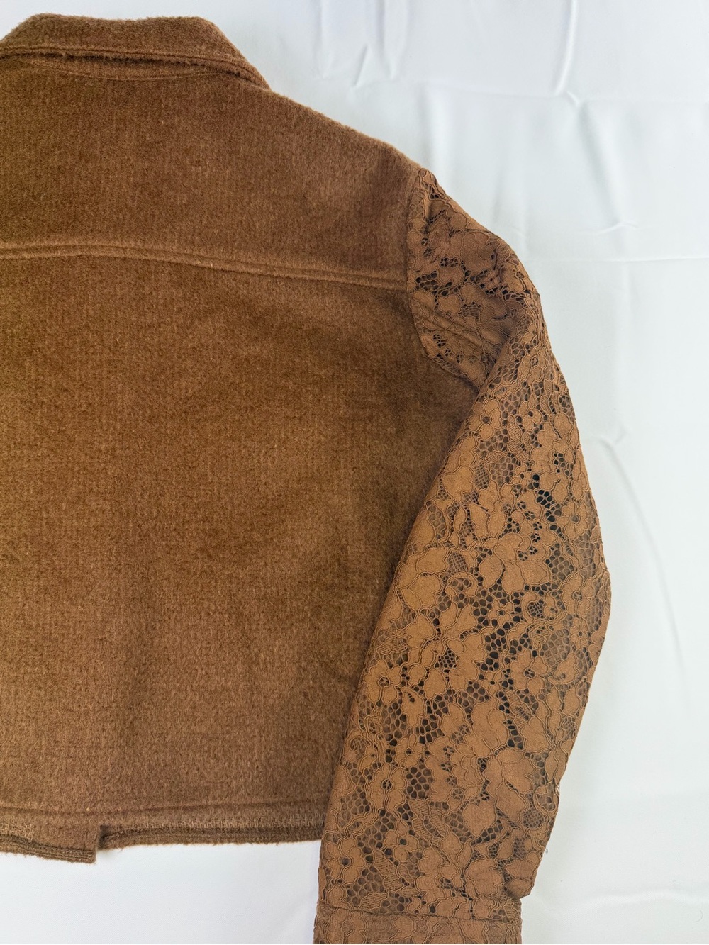 Express - Chic Brown Woven Lace-Sleeve Cropped Jacket NWT -Date night ready L - Picture 10 of 16